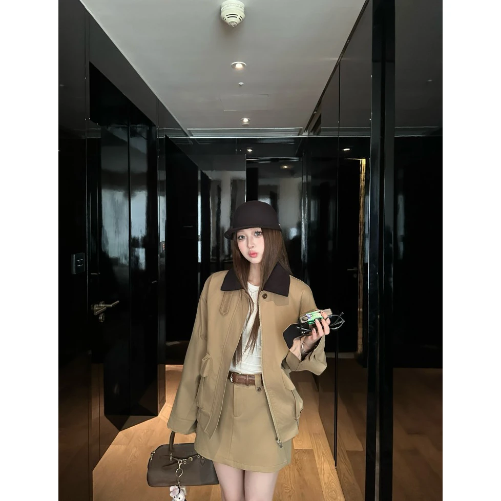 美式复古撞色翻领长袖夹克外套女秋季美拉德套装高腰半身裙两件套