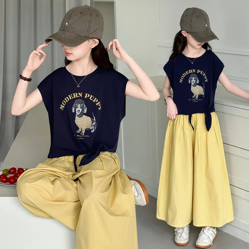 女童夏季绑带t恤套装2025新款洋气薄款儿童短袖阔腿裤两件套童装