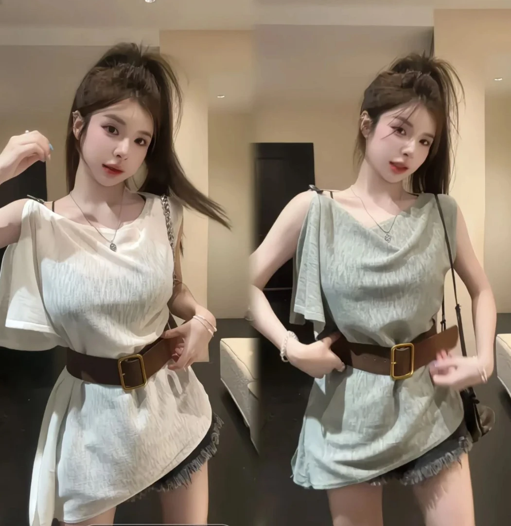 【现货】韩系设计感不规则斜肩荡领T恤夏季宽松慵懒风打底女上衣