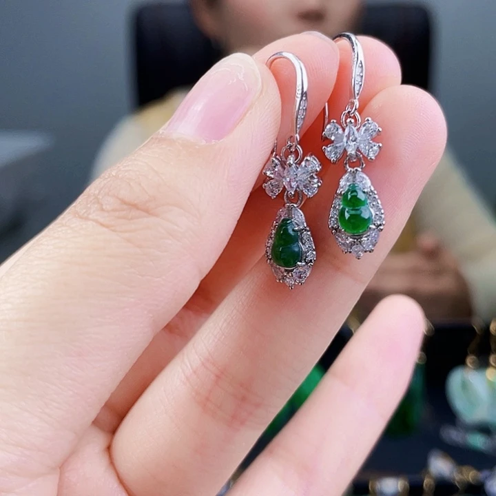 翡翠耳饰银S925镶嵌饰品