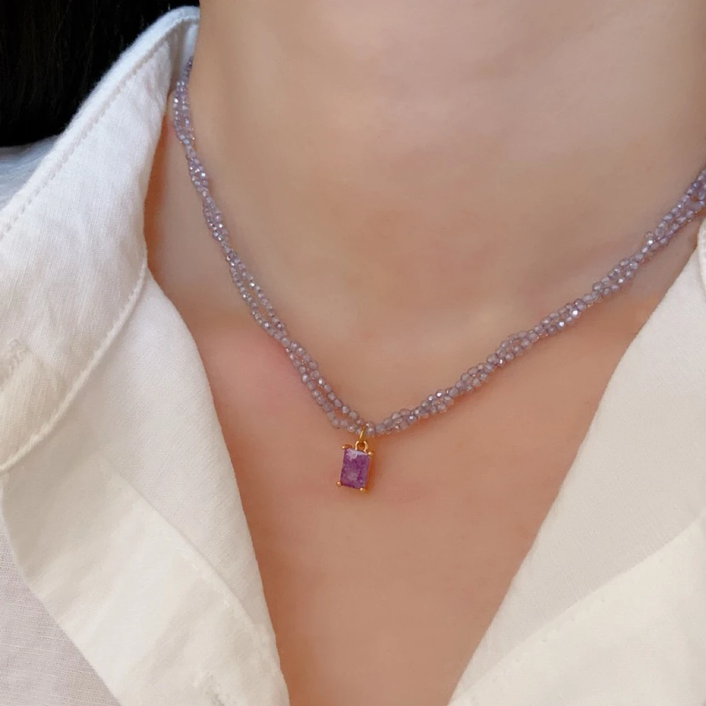 铜玻璃吊坠双层水晶串珠方形吊坠项链法式宫廷风锁骨链精致轻奢高