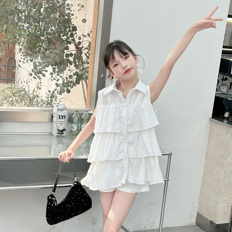 女孩夏季新款洋气时髦荷叶边无袖衬衫短裤套装法式甜美夏装