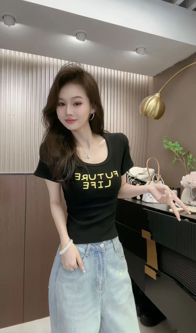 【DXJ家定制】夏季辣妹大U领百搭字母印花后背镂空设计修身上衣2880