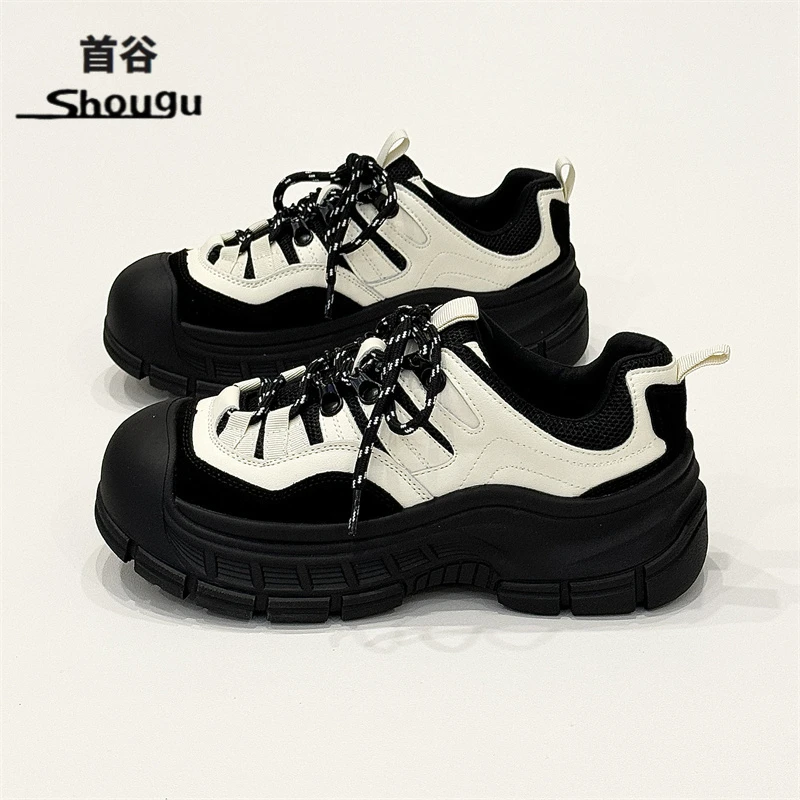shougu/首谷小众设计蛋糕黑色休闲鞋2025秋季新款拼色厚底老爹鞋