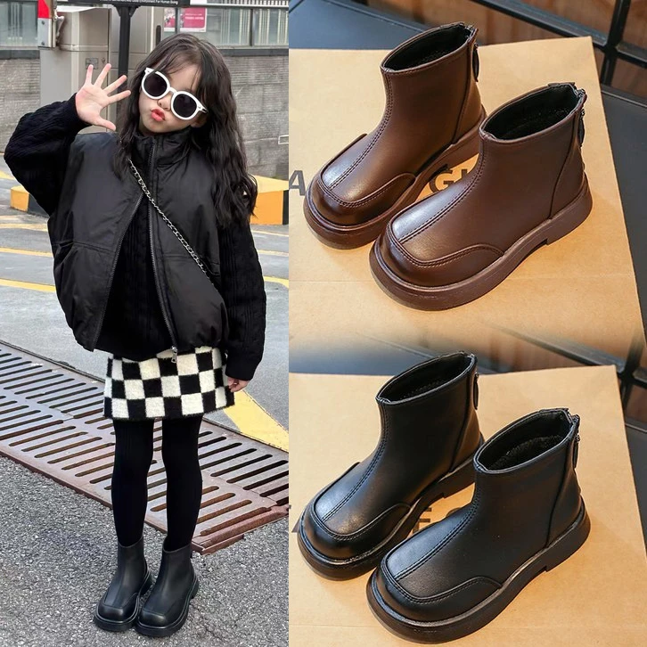 女童靴子秋冬新款2025儿童马丁靴小女孩加绒短靴英伦风二棉鞋黑色