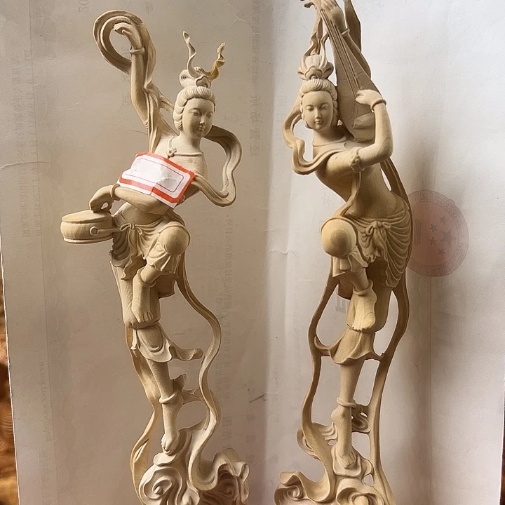 黄杨木敦煌飞天一对23cm摆件