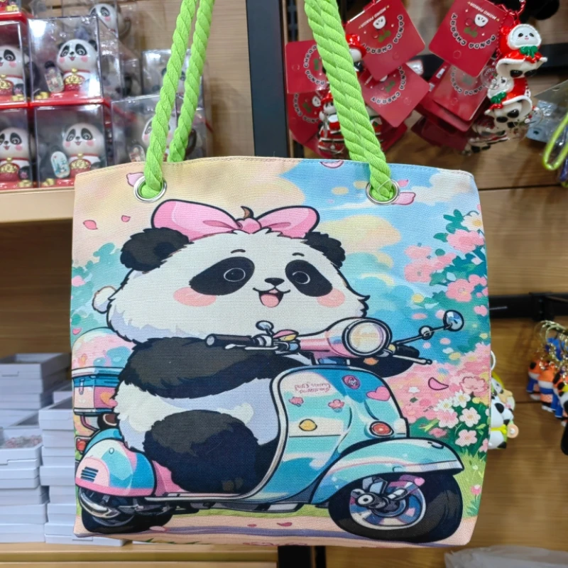 卡通中国风熊猫单肩包印花便携时尚成都纪念双面手提通勤手拿包