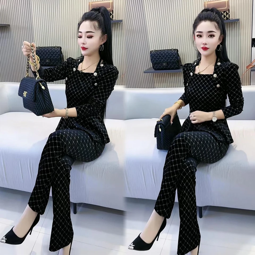 时尚小香风套装女2025春季新款气质遮肚显瘦方口领上衣裤子两件套