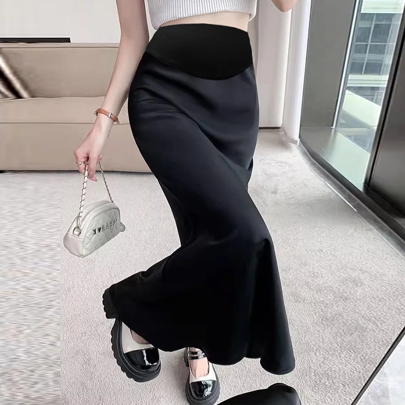 【小个子款】中长孕妇半身裙夏季黑色醋酸缎面半裙气质显瘦法式裙子