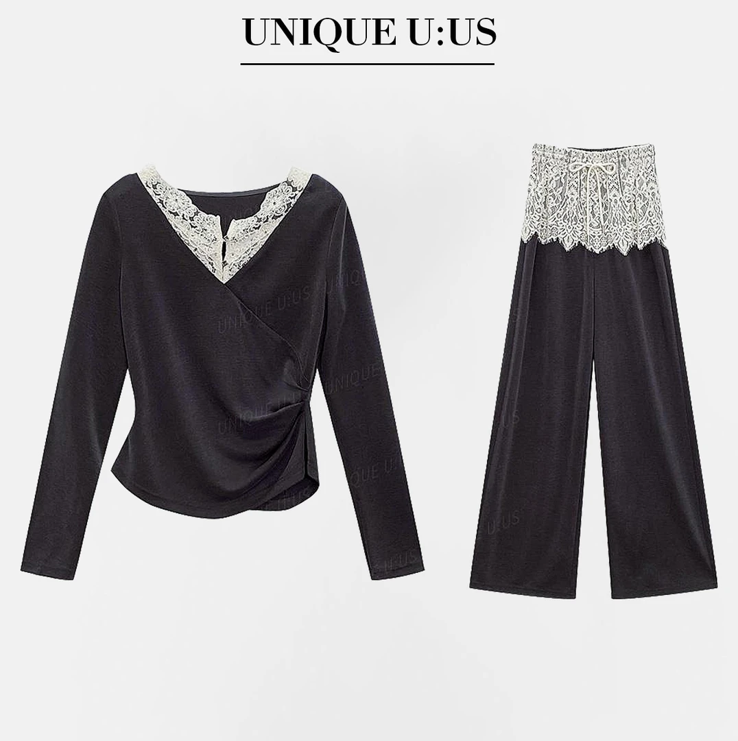 【林雪雪】蕾花漫野新款气质高级显瘦遮肉百搭灰色套装255569