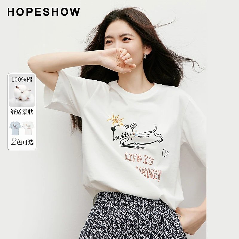 红袖2025秋女装小狗字母印花钉珠落肩圆领短袖套头T恤90125240201