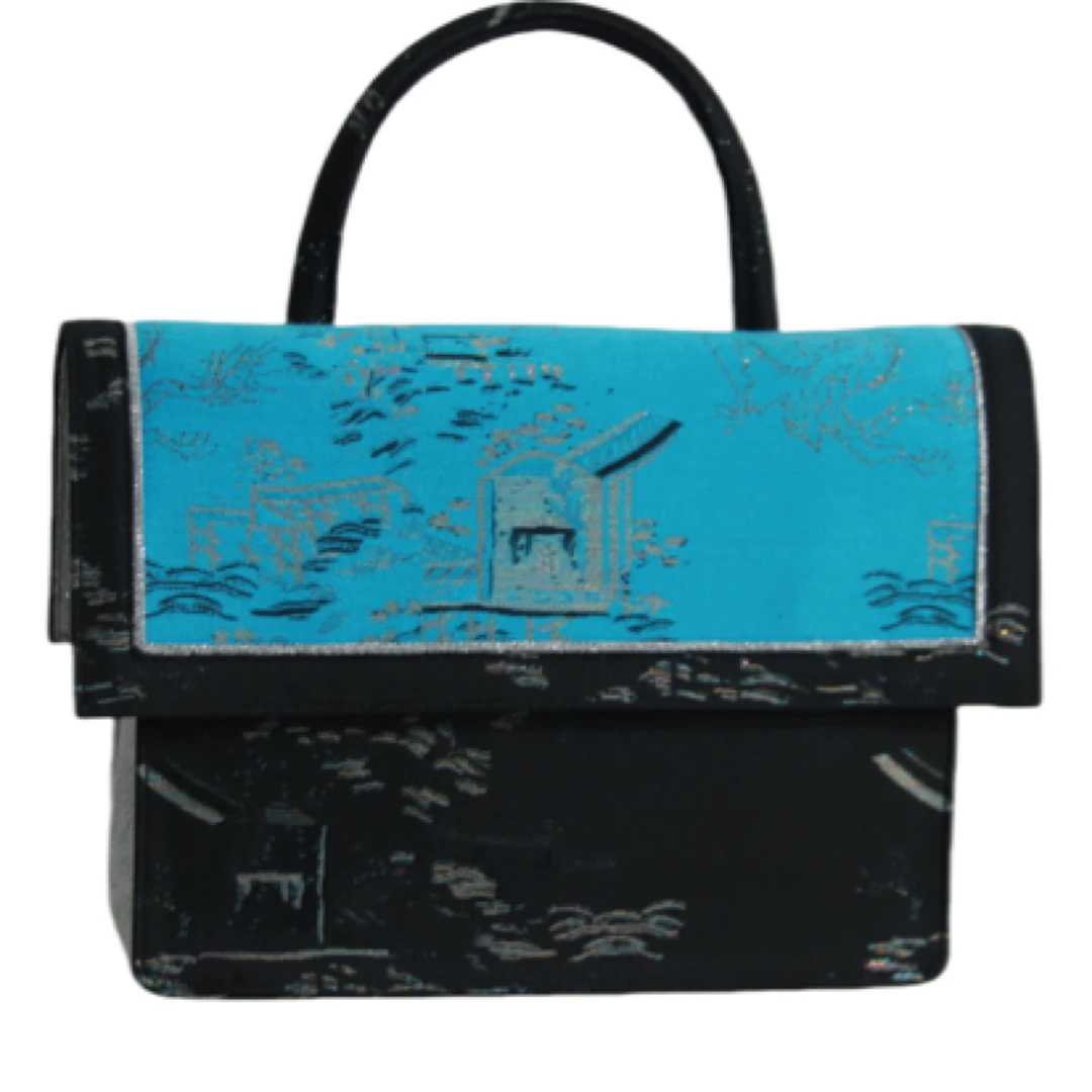 九丁端印花宋锦螺钿休闲单肩云肩手提包国潮时尚复古蓝色国风布包