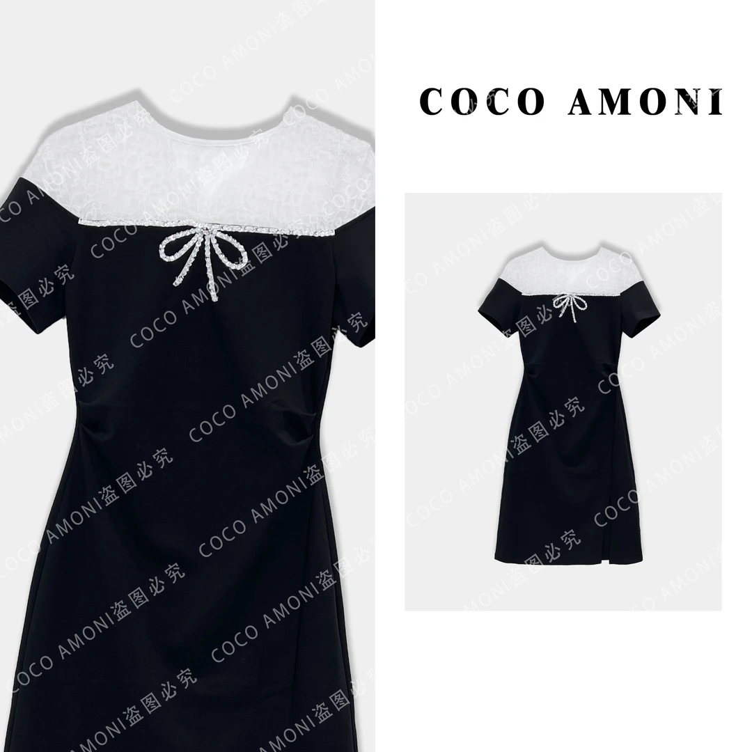 重工烫砖设计新款女装拼接蕾丝肩带收腰显瘦连衣裙ZQ916