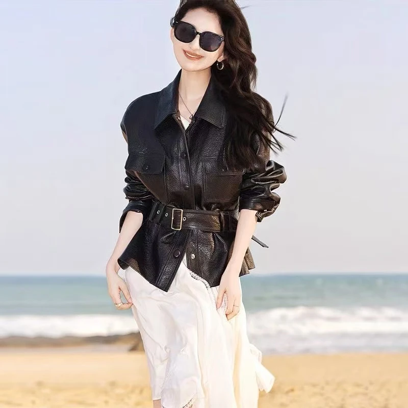 【宋佳同款】海宁真皮皮衣女翻领短款韩版新款气质皮夹克外套688