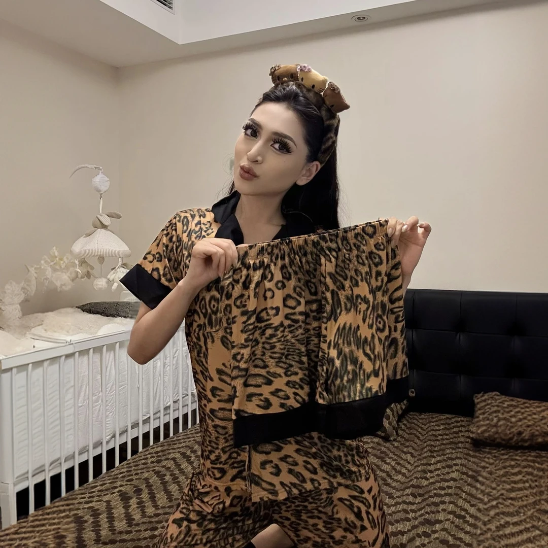 豹纹撞色V领短袖长裤睡衣套装解锁卧室高级感女夏季家居服三件套