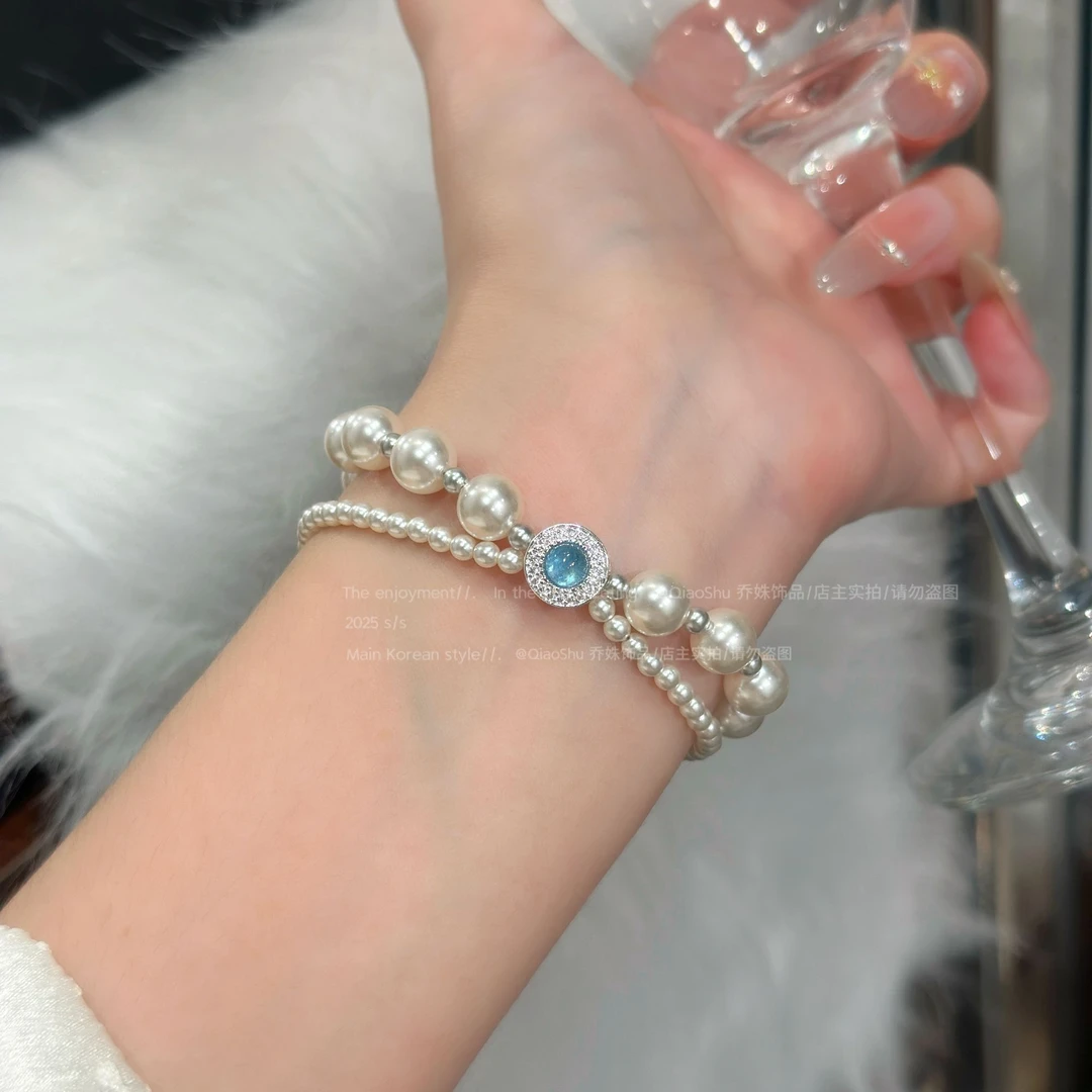 铜合金仿珍珠手链 B100 蓝色复古时尚轻奢气质高级感双层珠珠手链