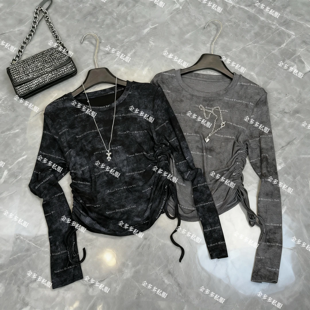 【扎染字母抽绳】2025早秋新款字母设计长袖T恤女修身显瘦百搭上衣