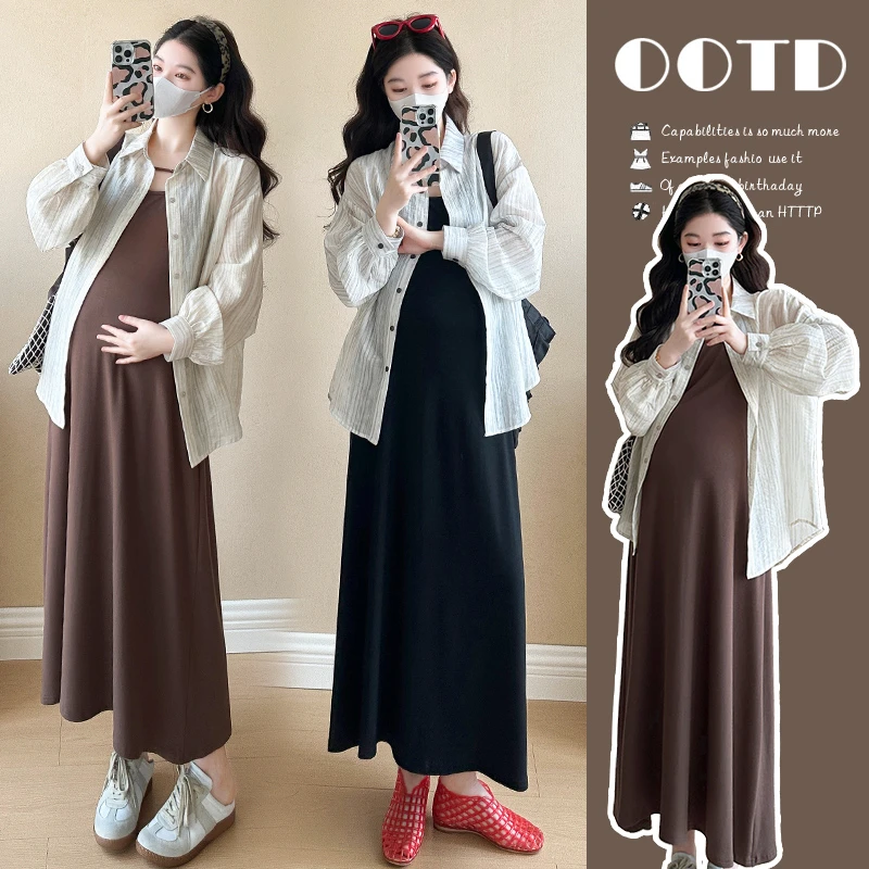 【圆圆】2025春秋显瘦复古条纹长袖防晒衬衣中长款孕妇裙套装2530