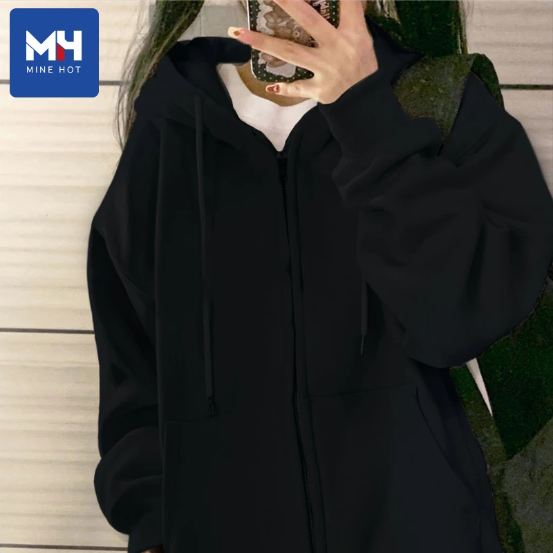 唐狮集团MH外套女春秋2025新款女士黑色慵懒风开衫穿搭连帽卫衣L