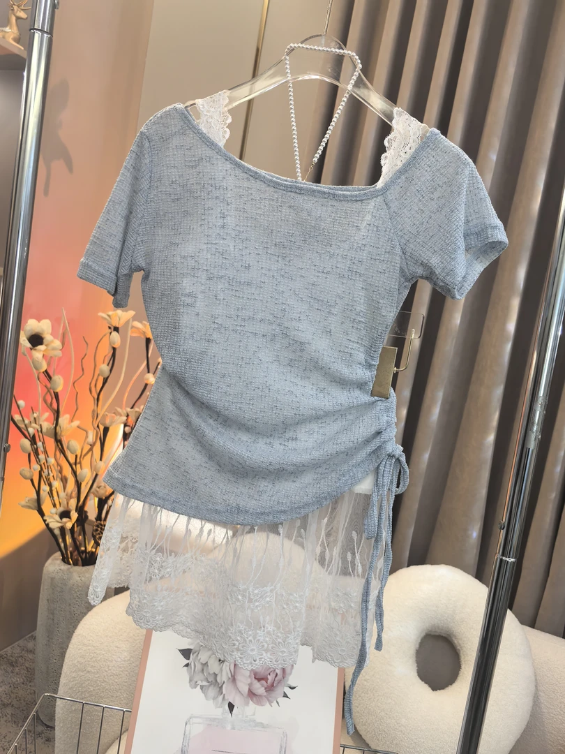 【A9909美人】2025春夏新款长袖防晒修身捏褶上衣+蕾丝打底两件套