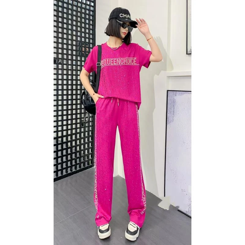 【编码21】2025春夏款时尚减龄遮肉轻奢烫钻字母休闲短袖套装951