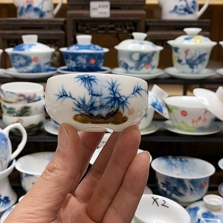 手绘微瑕竹子三足杯2个装