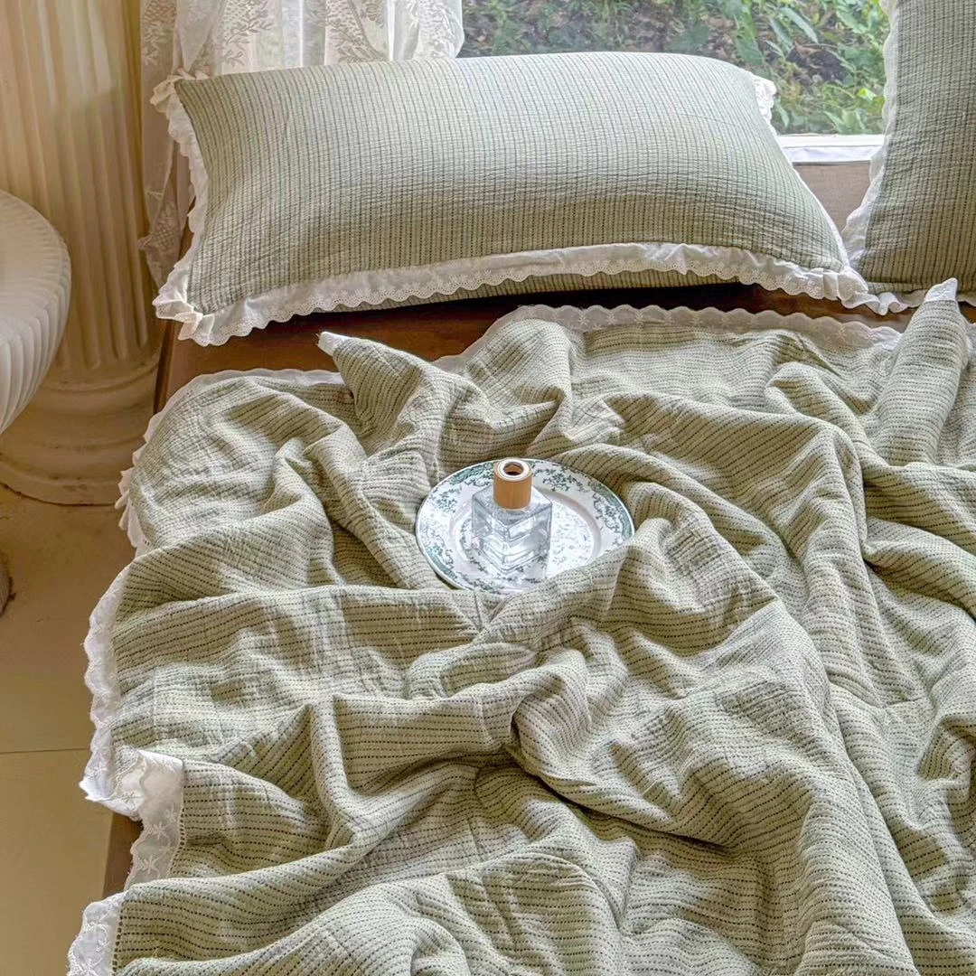 【创得甄选】卡米亚花边纯棉全棉夏被格子夏被夏凉被空调被休闲毯