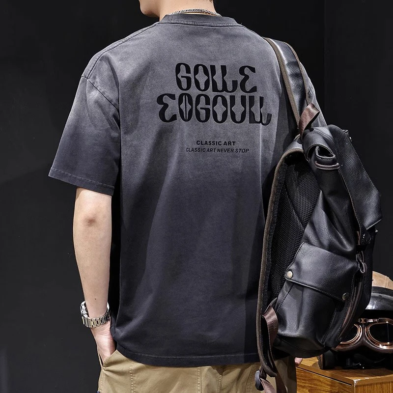 洗水渐变短袖t恤男士夏季2025新款高端重磅体恤加大大码美式潮牌