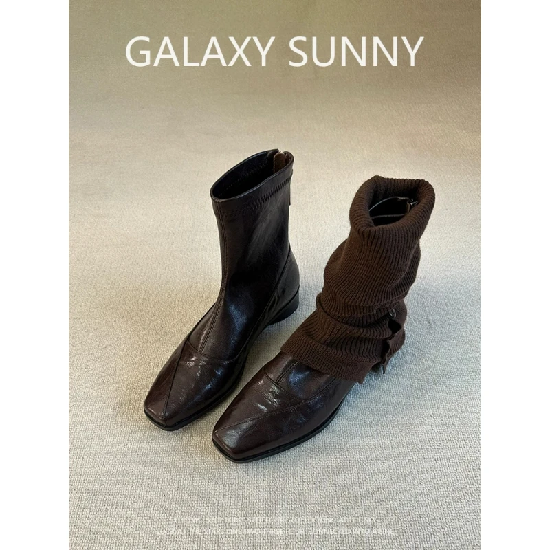 羊皮版~法式气质简约方头低跟瘦瘦靴时尚复古真皮百搭后拉链短靴