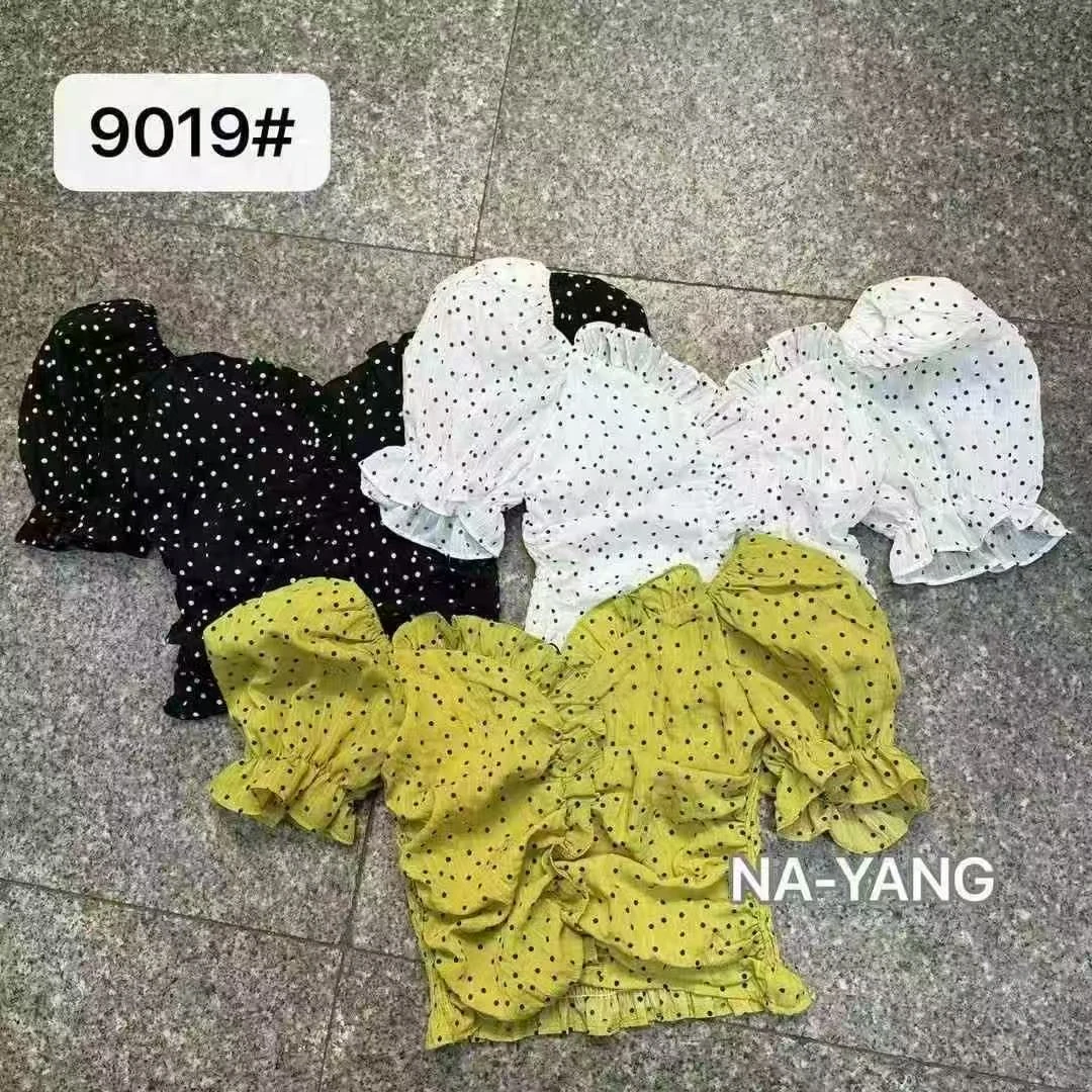 法式方领泡泡袖波点衬衫女夏季新款2025韩版高腰短款褶皱衬衣上衣