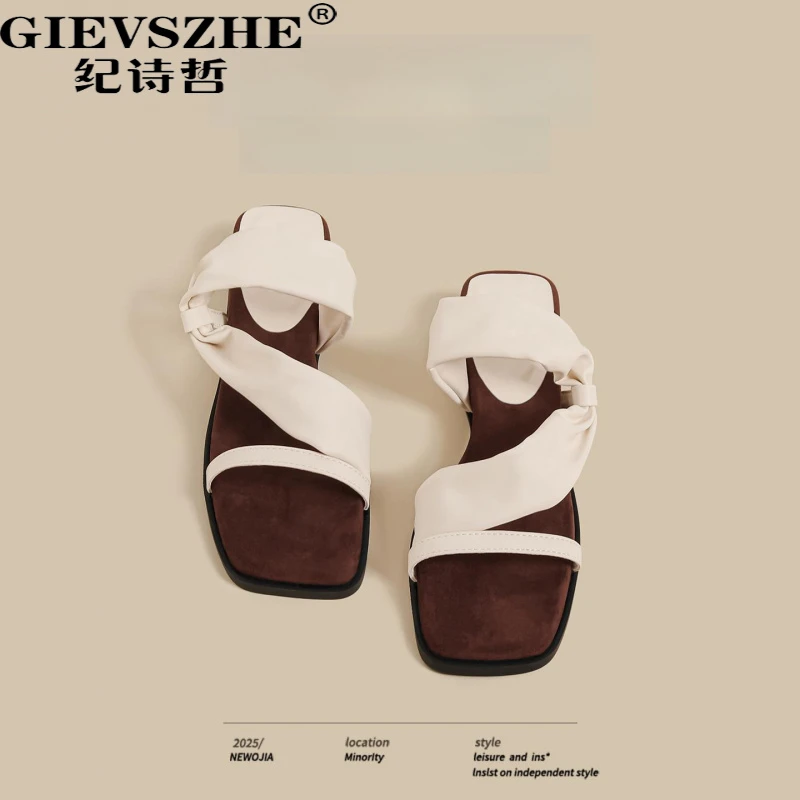 GIEVSZHE纪诗哲坡跟人字拖鞋女外穿复古褶皱白色小众沙滩罗马凉鞋