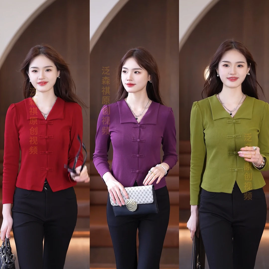 洋气衣服女新款长袖中国风修身显瘦气质时尚小衫百搭收腰短款上衣