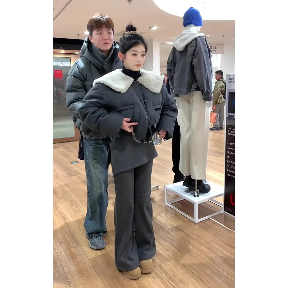 韩系灰色高腰微喇休闲裤女秋冬新款小个子宽松显瘦阔腿拖地长裤子