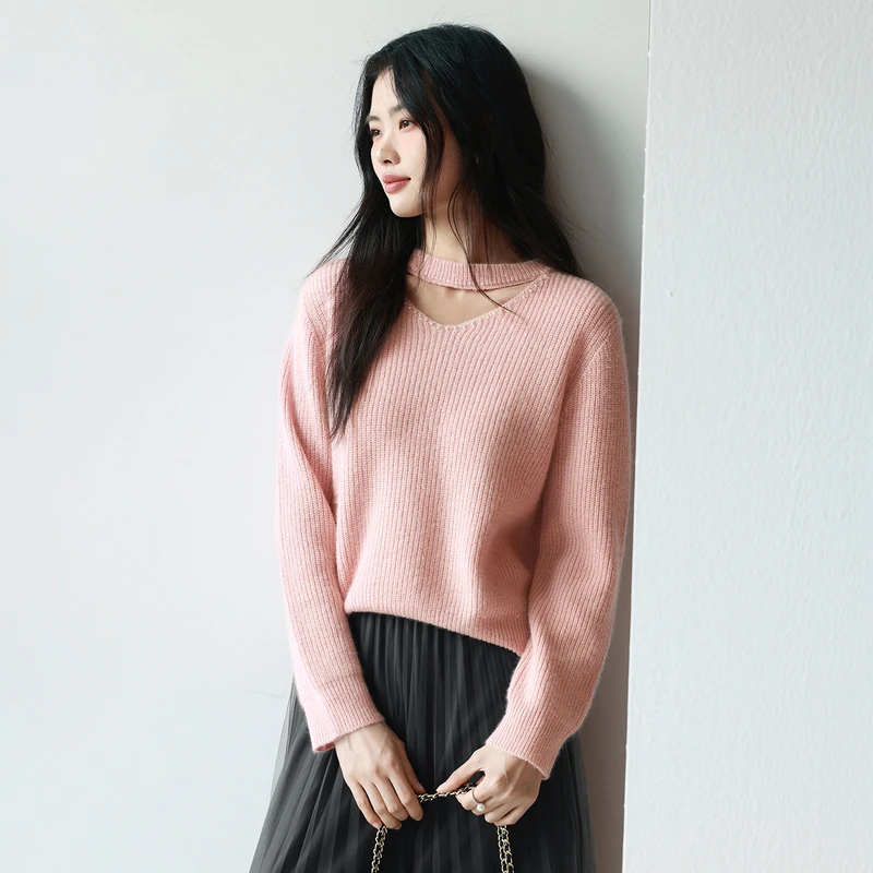 伊芙丽设计感挂脖红色针织衫女冬季时尚半高领百搭毛衫上衣女