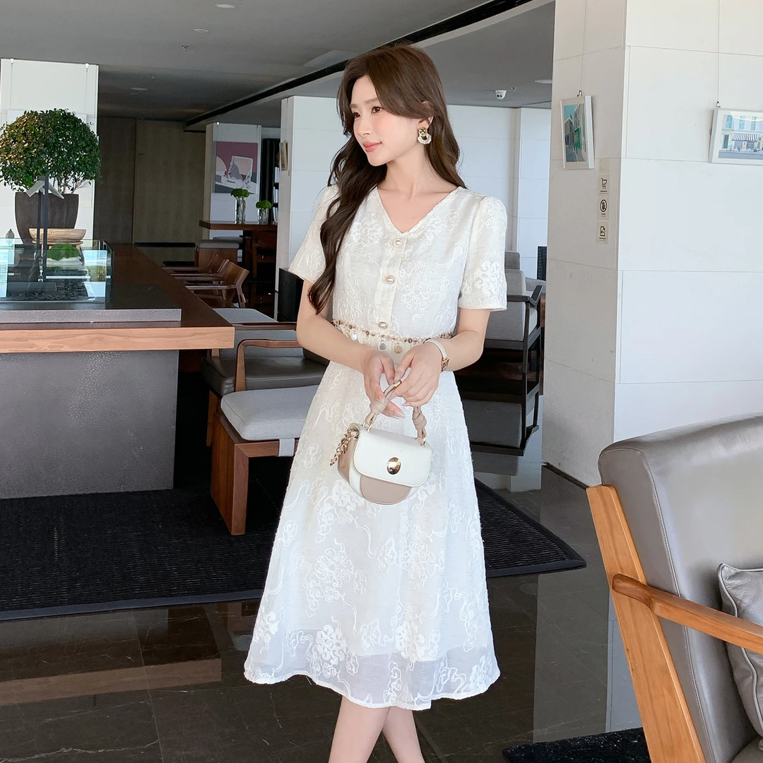 奢姿大码女装2025夏季时尚蕾丝V领连衣裙胖妹妹气质优雅拼接裙子