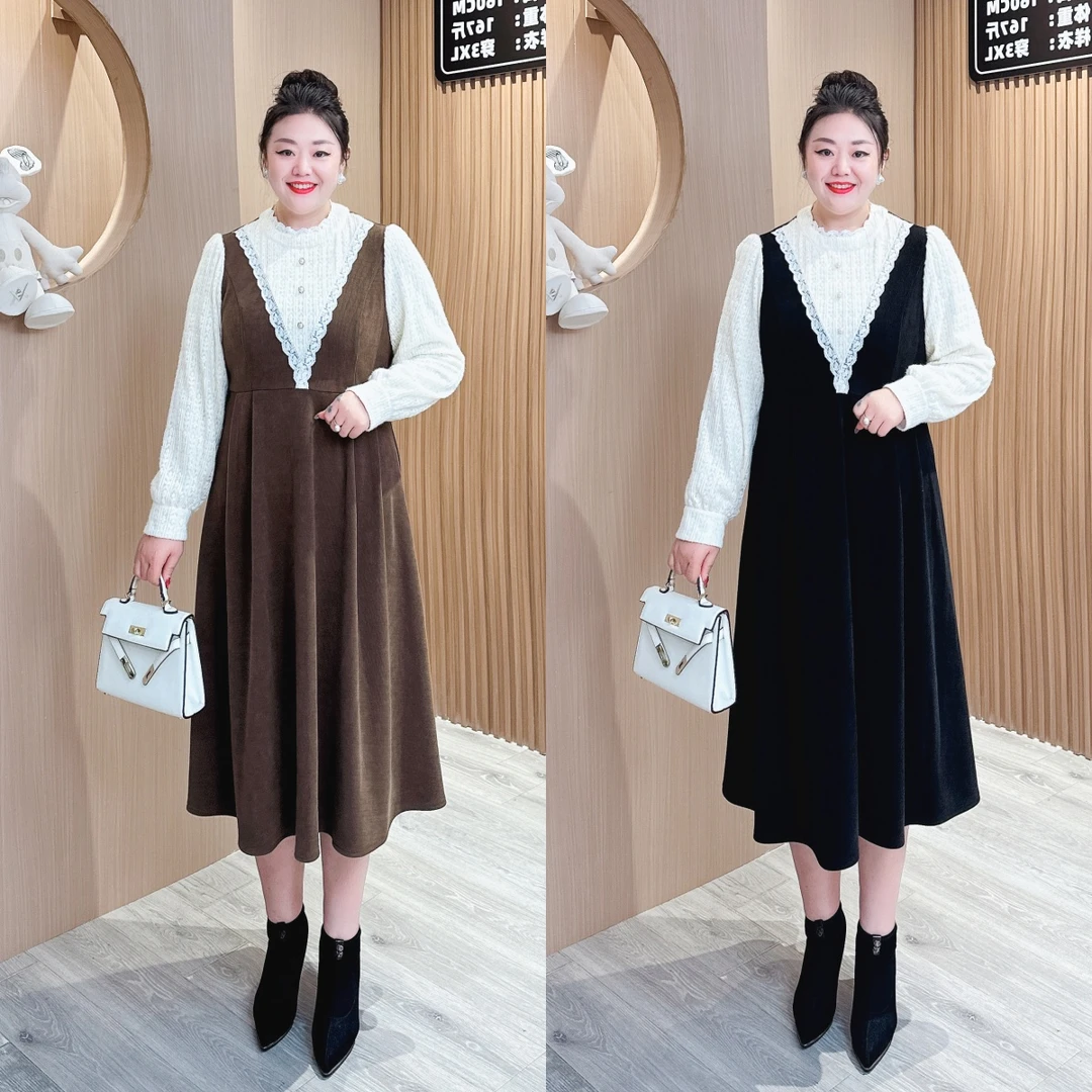 【现货加厚连衣裙】梅姐冬款百搭显瘦假两件拼接大码连衣裙MJ9198