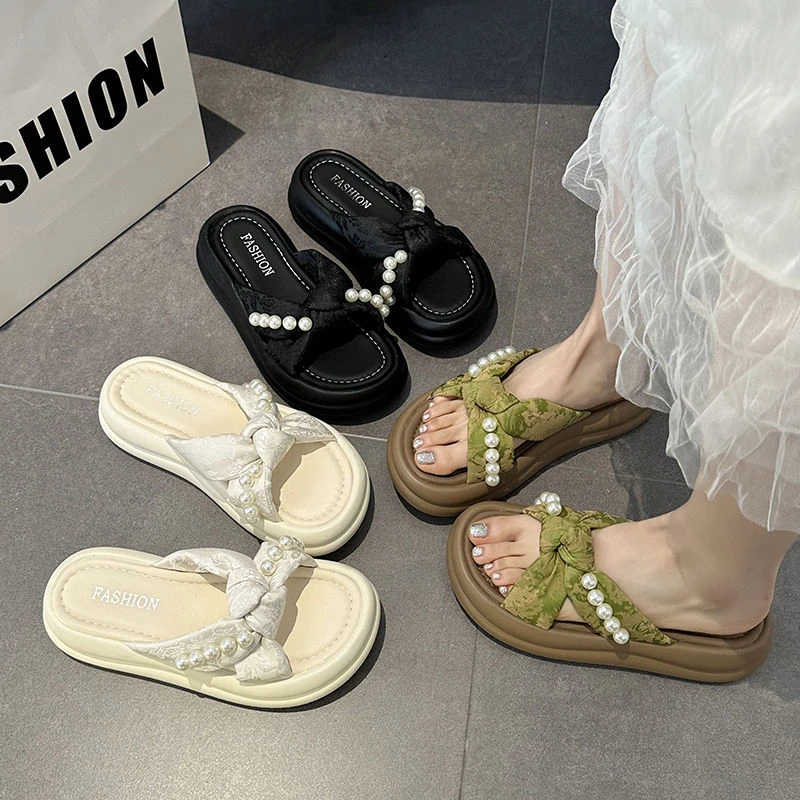 配裙子厚底交叉珍珠外穿拖鞋女款2025新款爆款轻奢鞋子时尚女鞋
