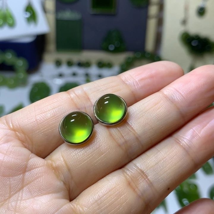 岫玉耳钉银S925镶嵌耳钉