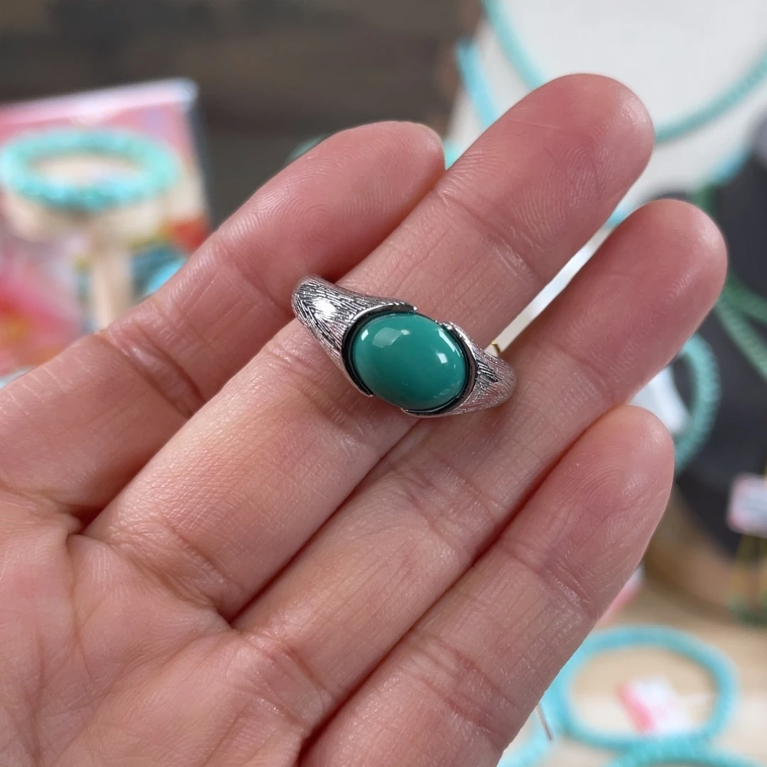 绿松石银S925镶嵌套链银戒指