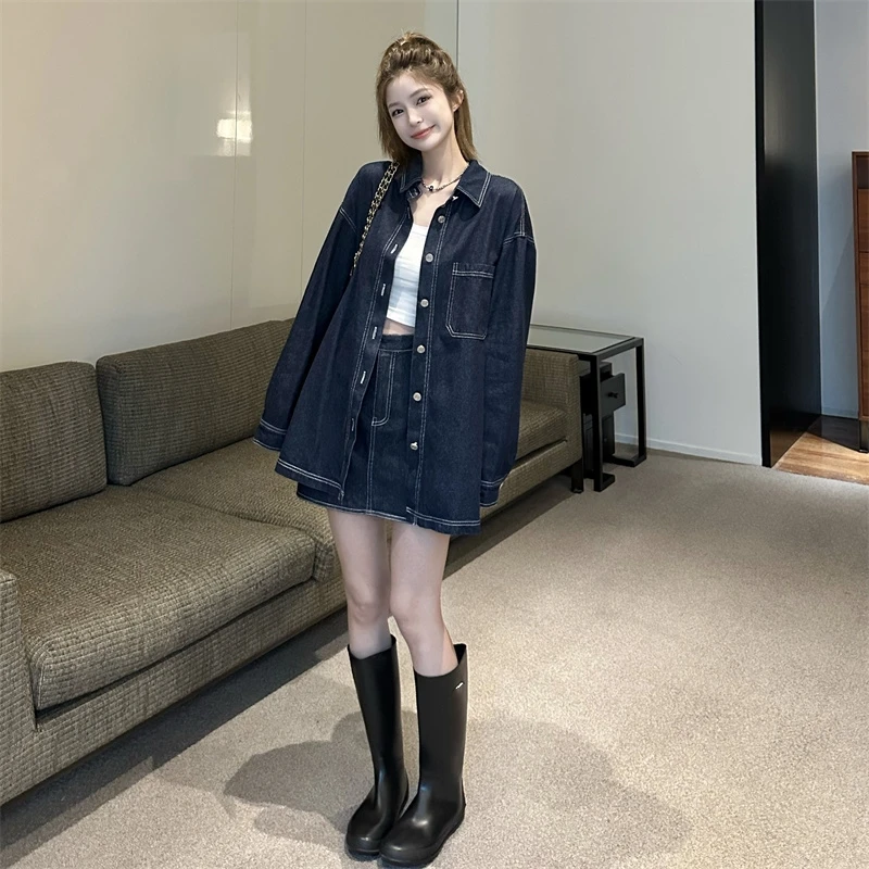 【宝藏】深蓝色牛仔外套女宽松上衣早秋时尚两件套牛仔短裙套装