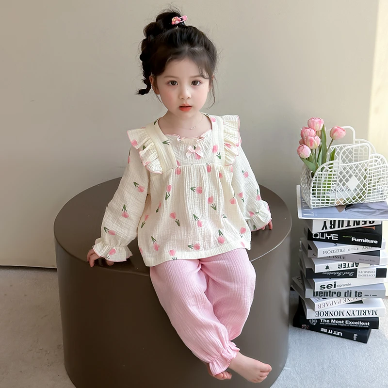 女童睡衣春秋季长袖纯棉儿童公主家居服套装2025新款洋气宝宝春装