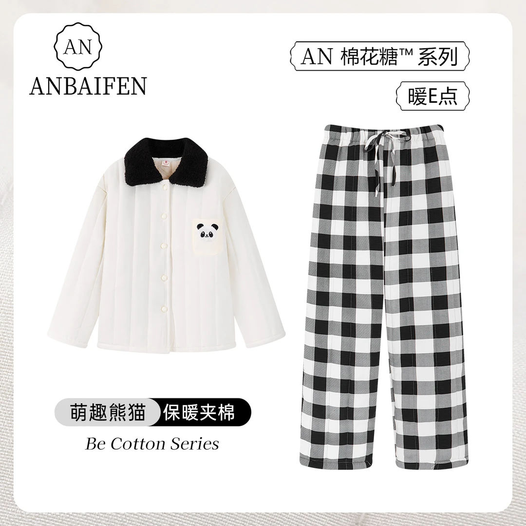 可爱卡通萌趣熊猫保暖加厚秋冬睡衣女开衫翻领格纹裤加绒柔软套装