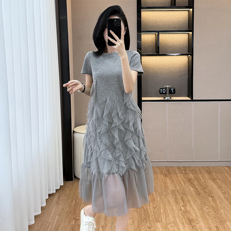 不规则网纱花边黑色正肩连衣裙2025春夏新款大码胖mm小黑裙