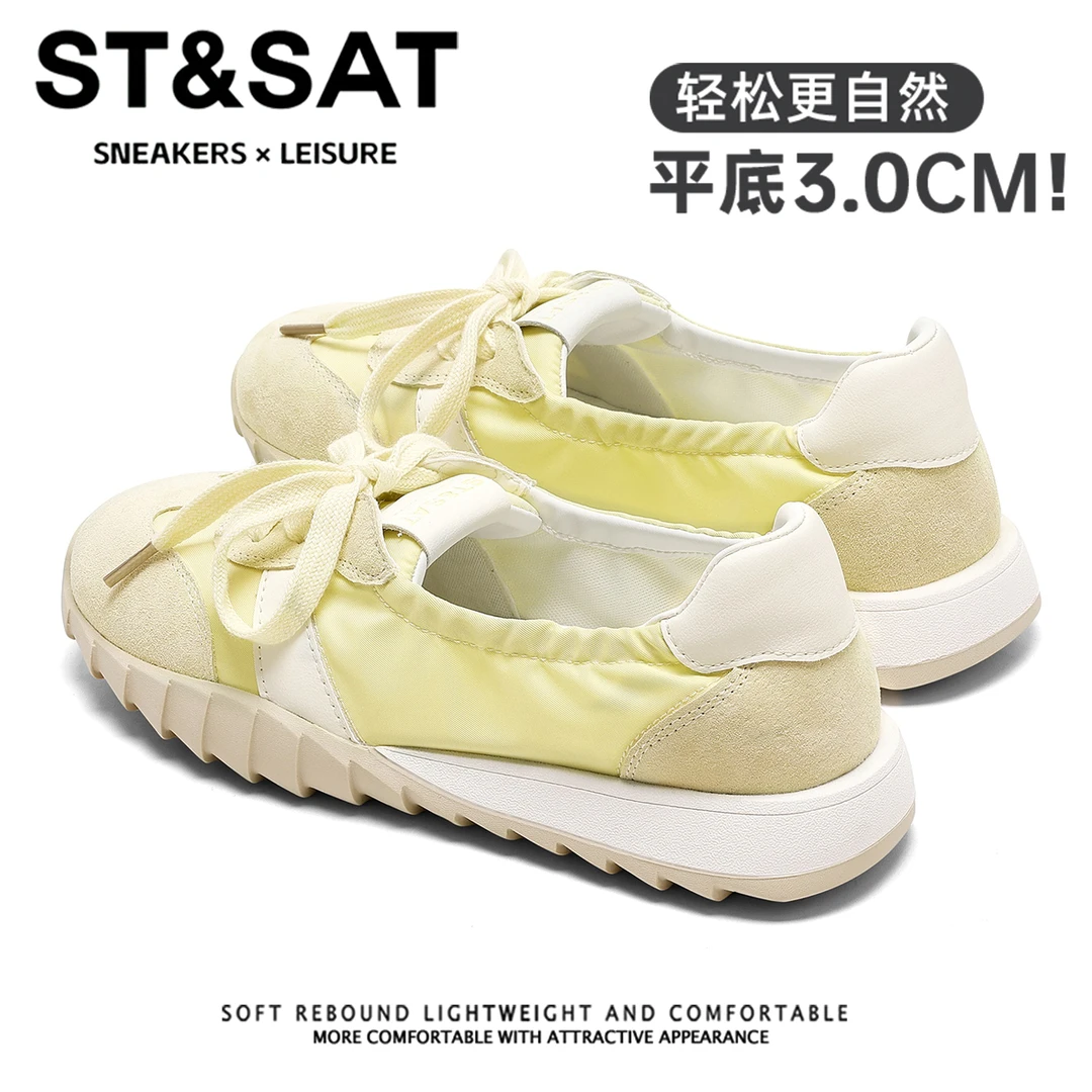 星期六软底绸缎芭蕾风德训鞋女2025新款透气小白鞋多巴胺百搭单鞋