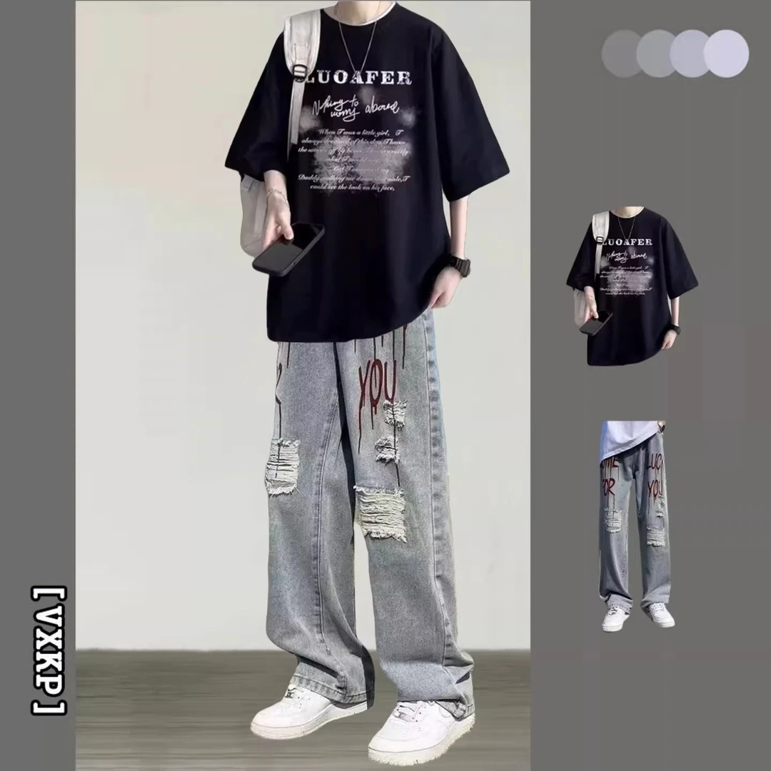 美式潮牌短袖T恤衫男套装夏季青少年两件套宽松潮流男装一套穿搭