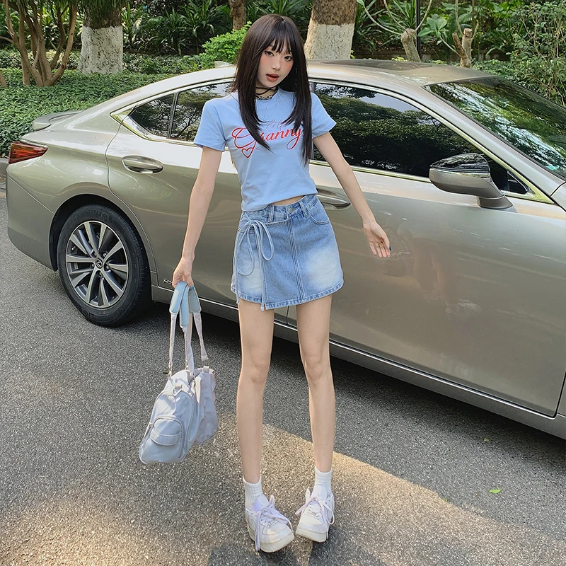 2025设计感不规则牛仔短裤女新款显瘦包臀半身裙裤绑带辣