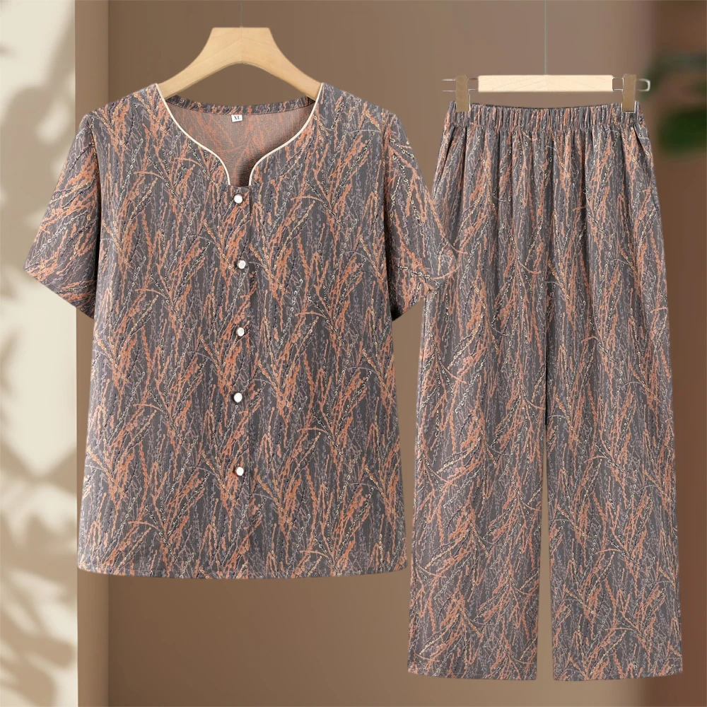 妈妈夏季短袖套装中老年人女款夏天开衫时尚衬衫两件套奶奶上衣服