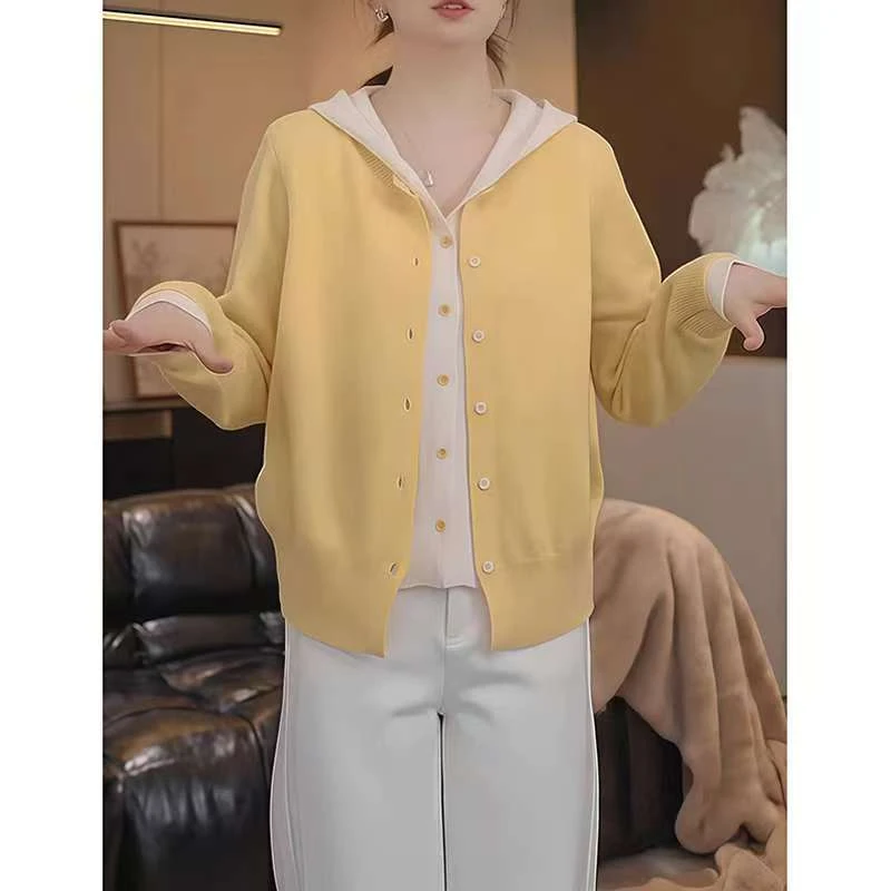 2025年春季慵懒风软糯高级感独特超好看温柔假两件连帽开衫毛衣潮