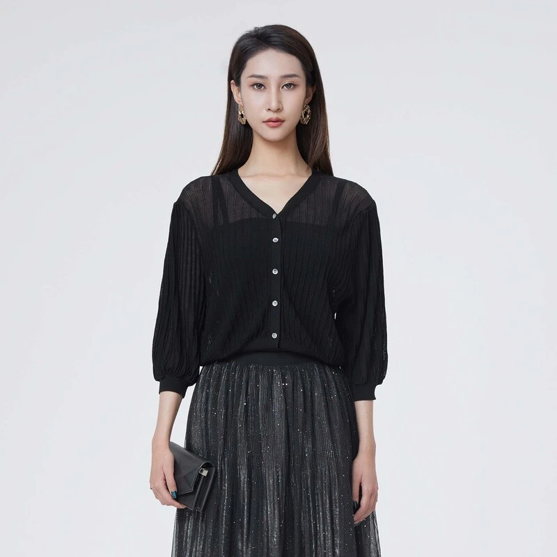 sdeer圣迪奥女装时尚气质复古罗纹V领肌理开衫针织衫S24283503