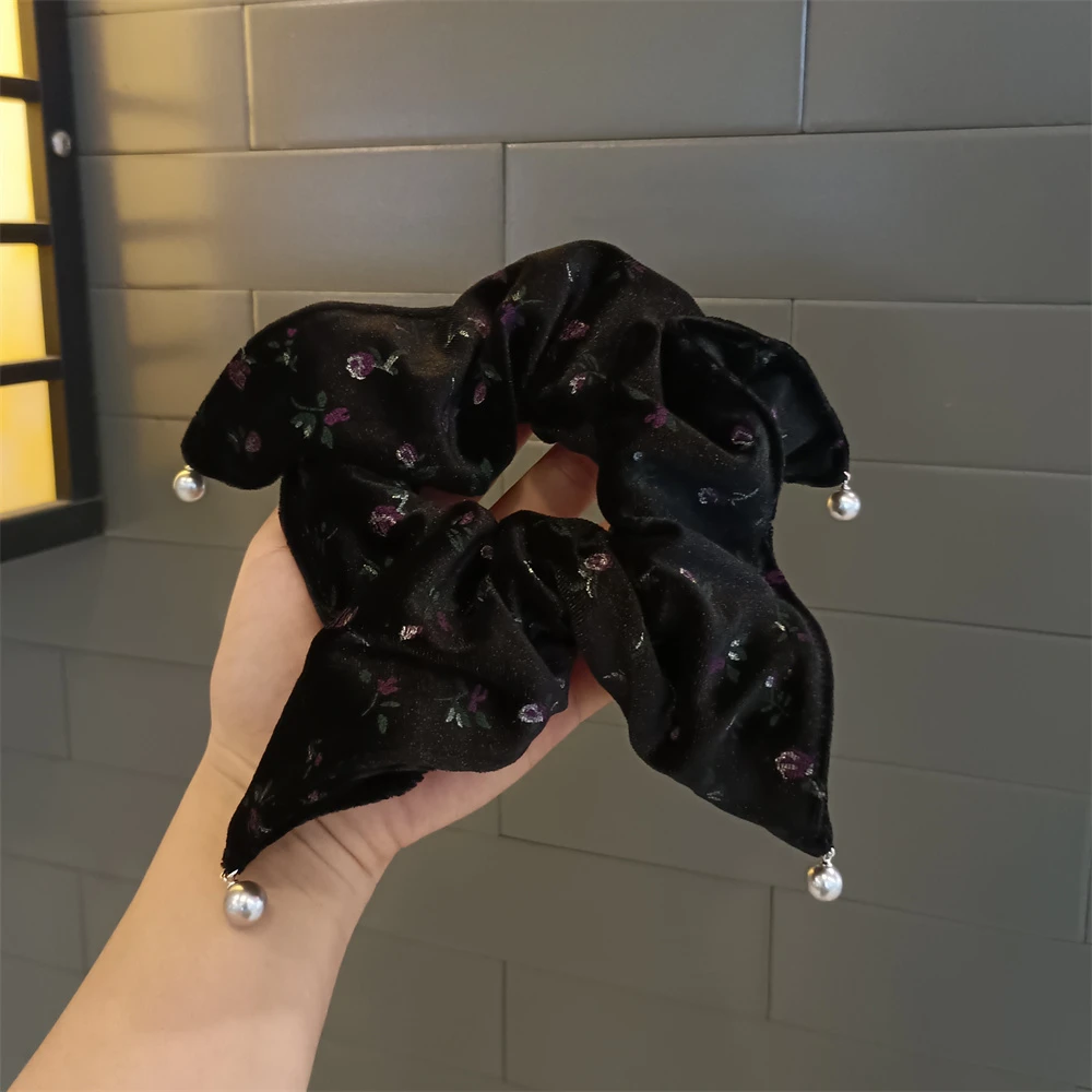 秋冬丝绒方巾发圈气质优雅大肠圈高级感印花珍珠吊坠低马尾头绳女